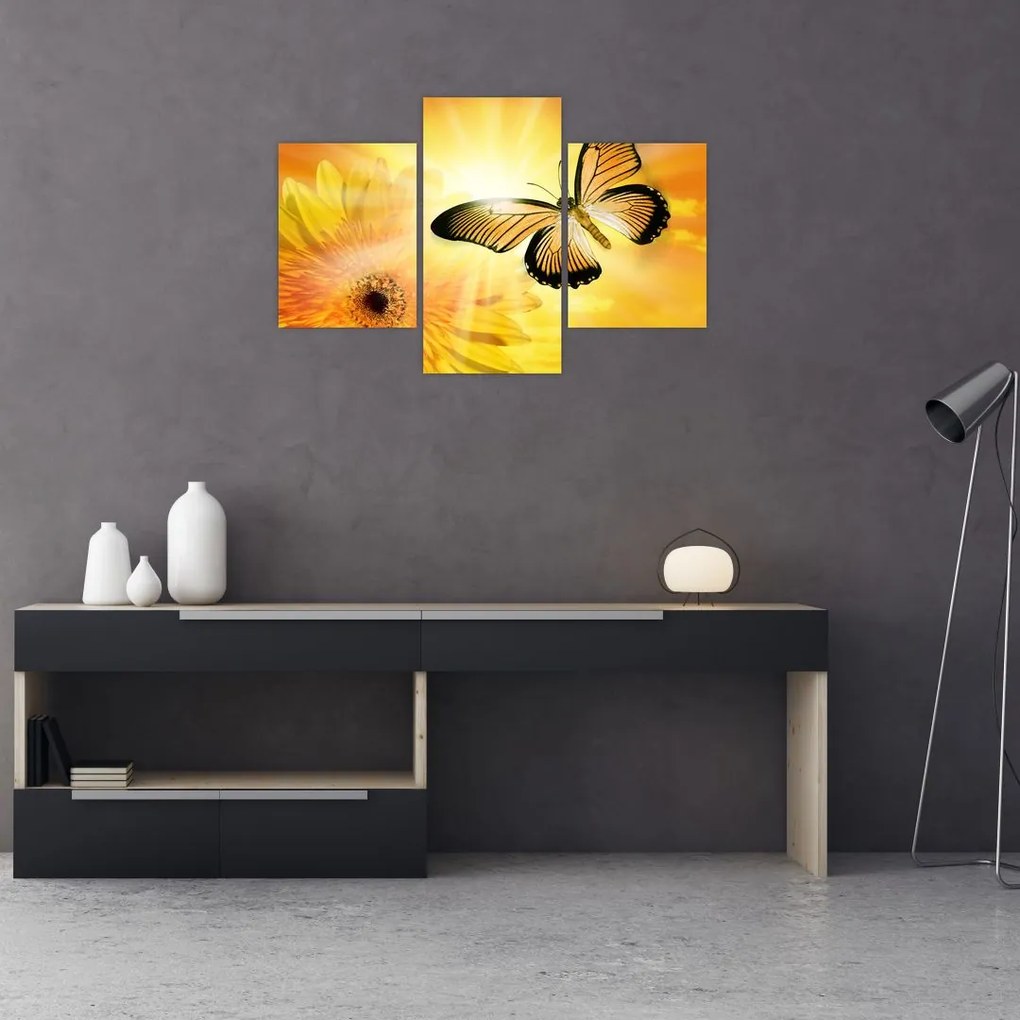 Tablou - Fluture galben cu flori (90x60 cm)
