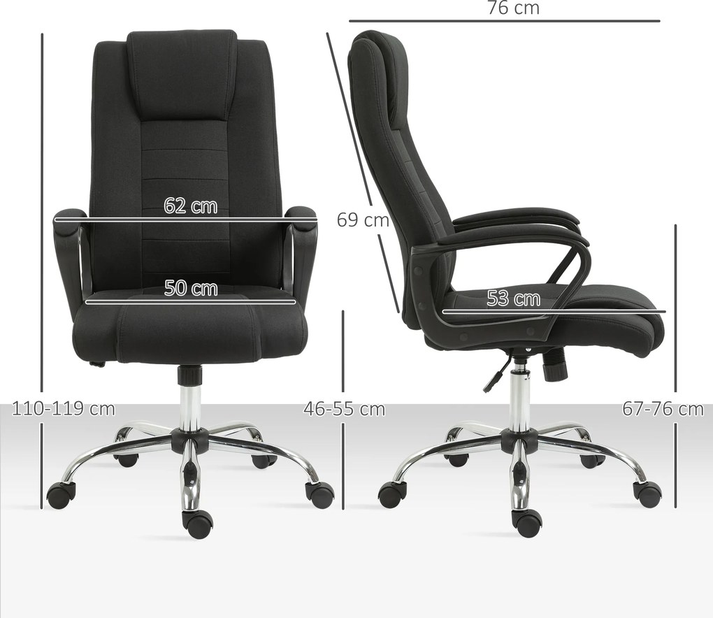 Vinsetto Scaun de Birou Ergonomic, Basculant și Captusit cu Înălțime Reglabilă, 62x76x110-119 cm, Negru | Aosom Romania