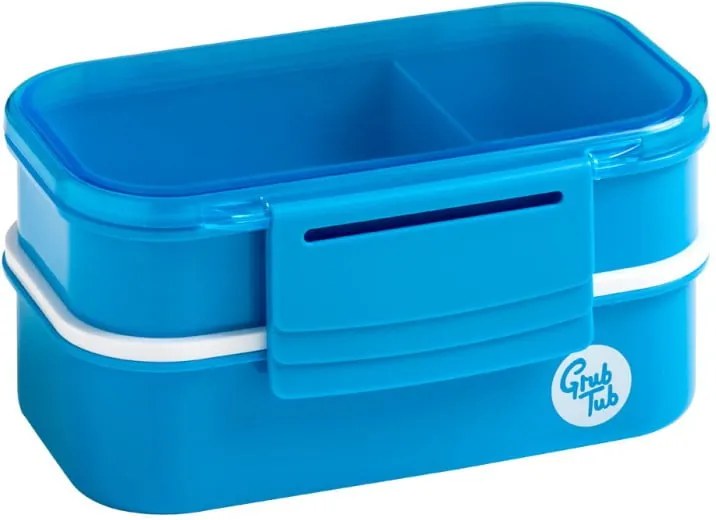 Cutie gustări cu 2 compartimente și tacâmuri Premier Housewares Grub Tub, 13,5 x 10 cm, albastru