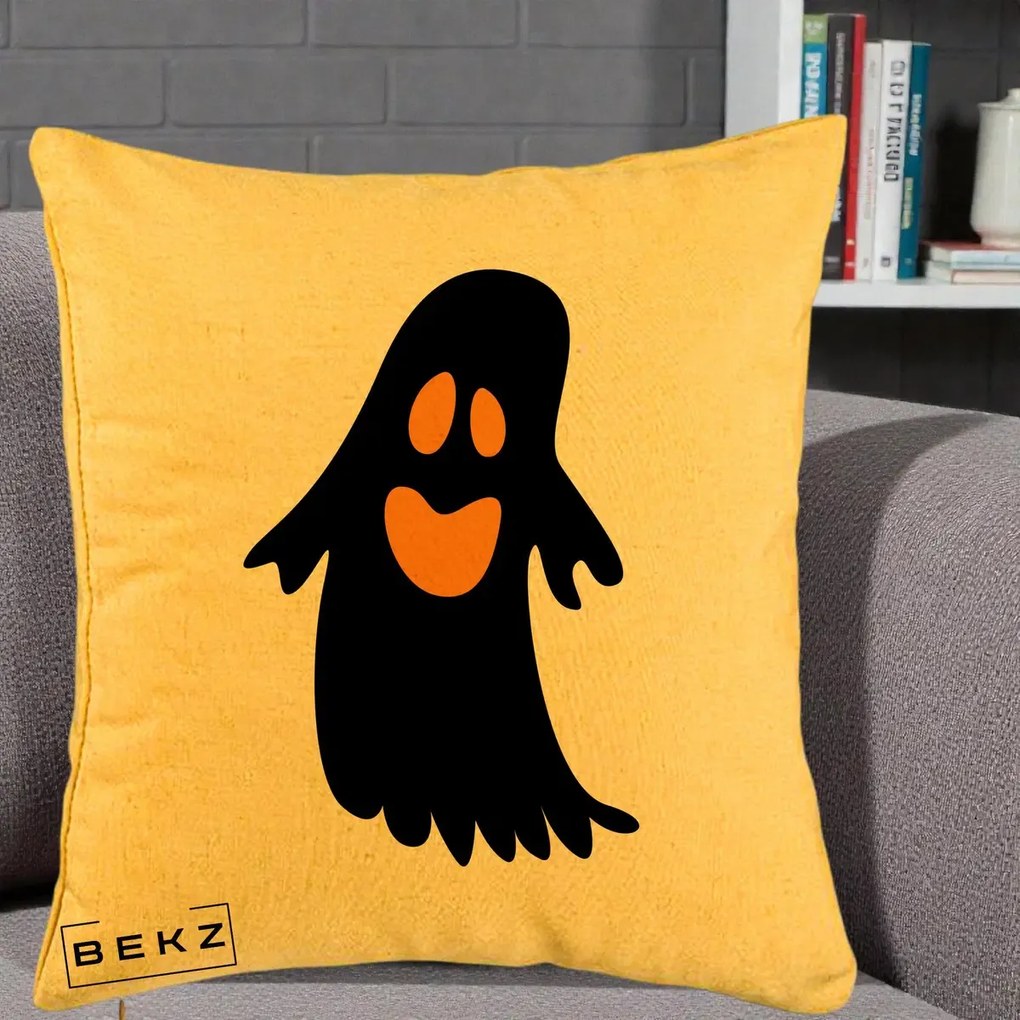 Perna Decorativa Halloween Fantoma Neagra cu Ochi Portocalii, 40x40 cm, Galben, Husa Detasabila, Perna Inclusa, BEKZ®