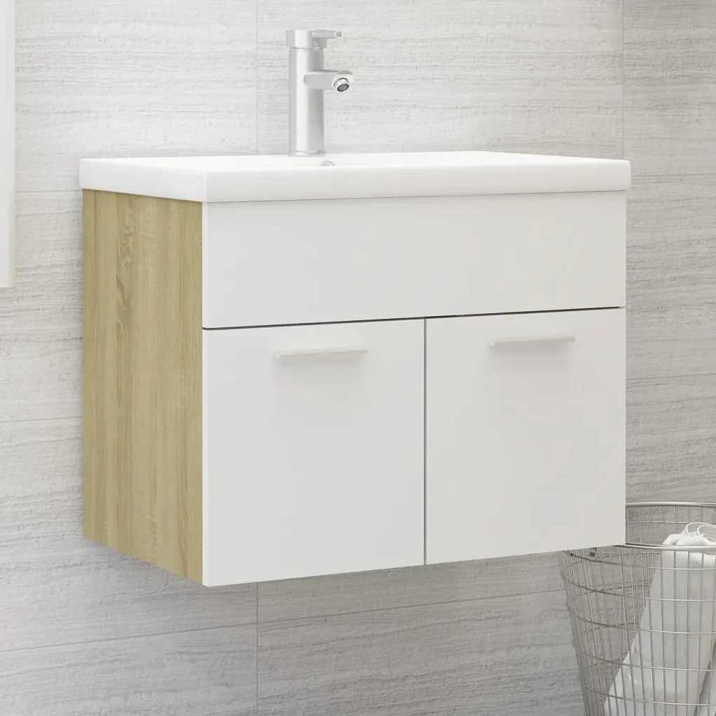 804652 vidaXL Dulap de chiuvetă, alb și stejar sonoma, 60x38,5x46 cm, PAL