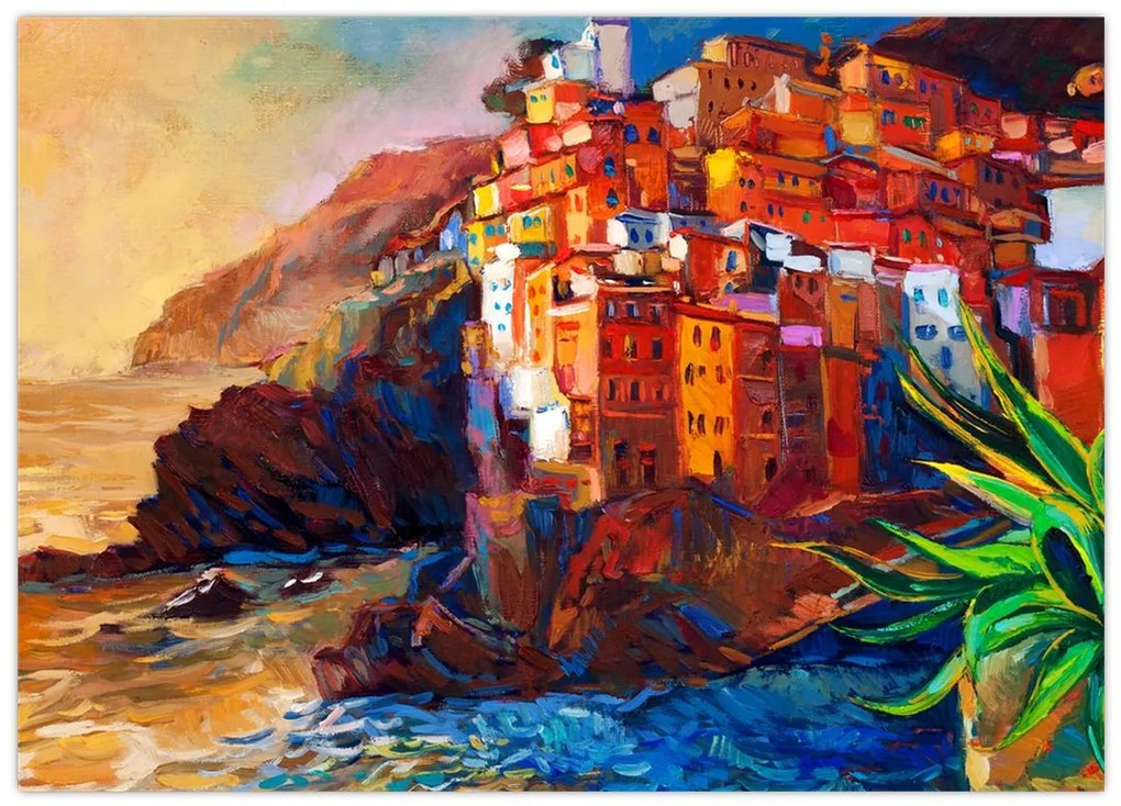 Tablou pe sticlă - Satul de coastă Cinque Terre, Riviera italiană, impresionismul modern (70x50 cm)