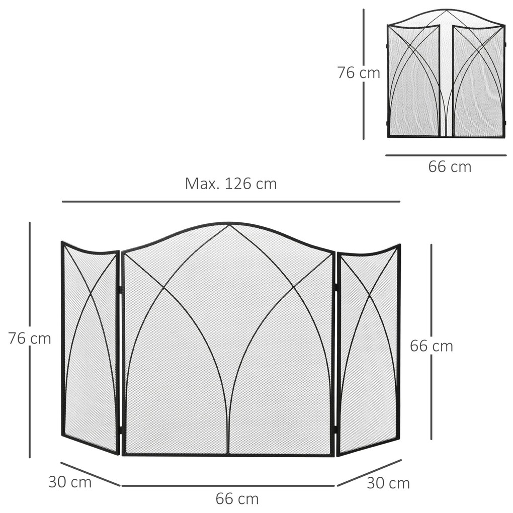 HOMCOM Parascântei pentru Șemineu din 3 Părți Pliabil cu Decorațiuni, Paravan de Protecție din Metal, 126x2x76 cm, Negru | Aosom Romania