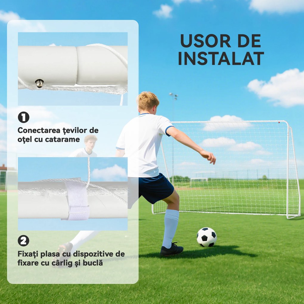 HOMCOM Poartă de Fotbal pentru Grădină și Parc cu 6 Pari în formă de U, din PE și Metal Eposidic, 301x120x200 cm, Alb | Aosom Romania
