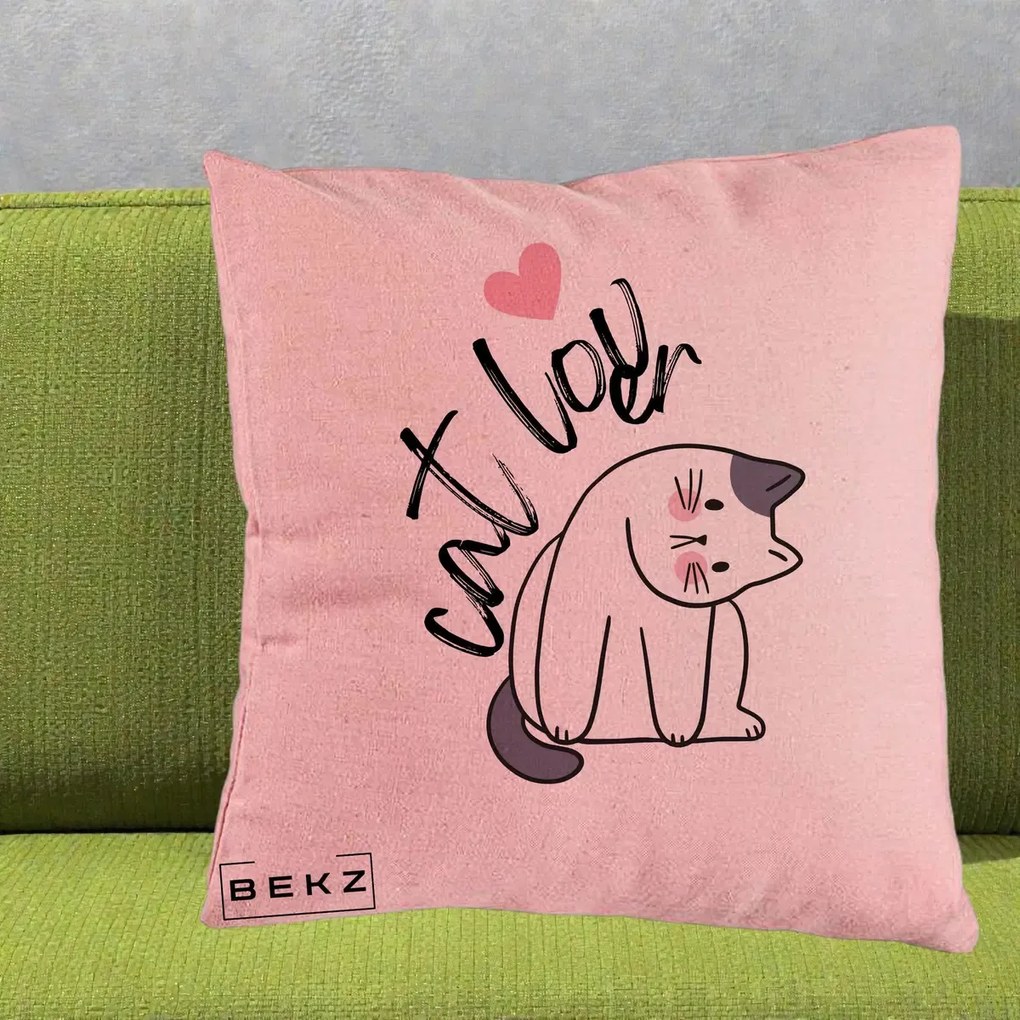 Perna Personalizata Cat Lover Pisica Ilustratie Linie, 40x40 cm, Roz, Husa Detasabila, Perna Inclusa, BEKZ®