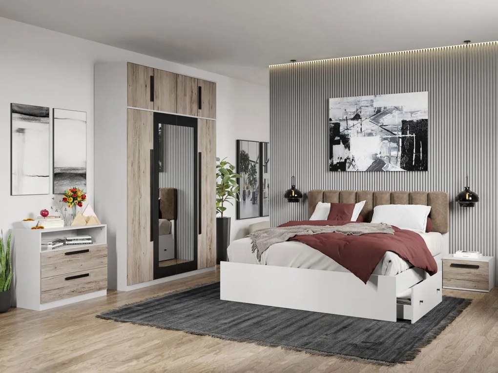 Set mobila dormitor complet Alb/Lemn Riveri C01