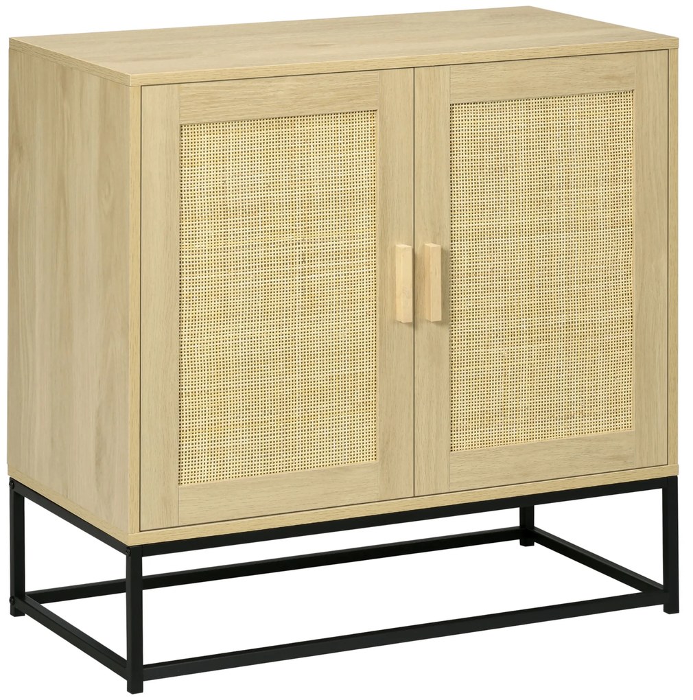 HOMCOM Bufet joasă de stil boem cu dulap 2 uși ratan țesut raft ajustabil în înălțime 80 x 40 x 80 cm natural | Aosom Romania