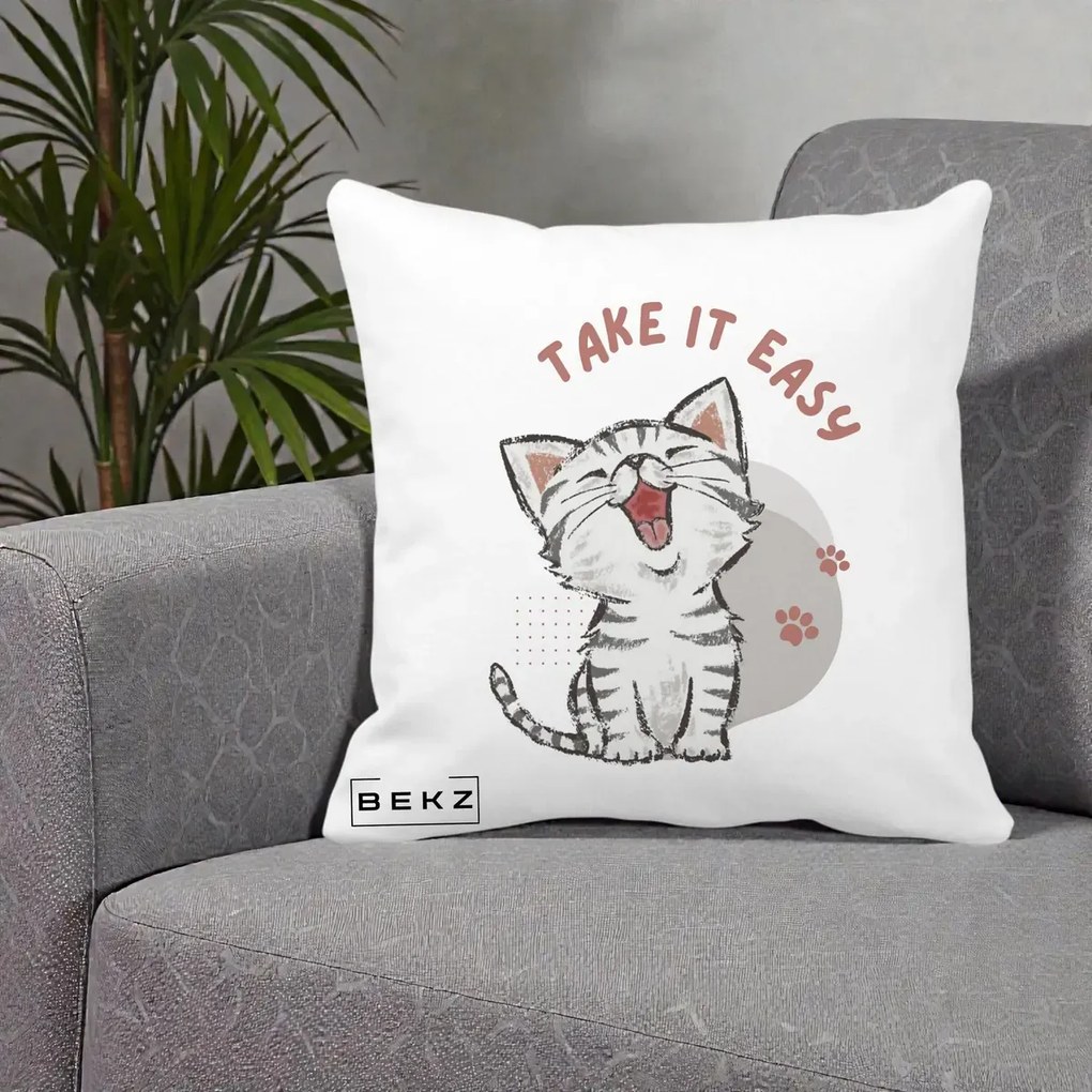 Perna Personalizata Take It Easy Cat, 40x40 cm, Alba Mata, Husa Detasabila, Perna Inclusa, BEKZ®