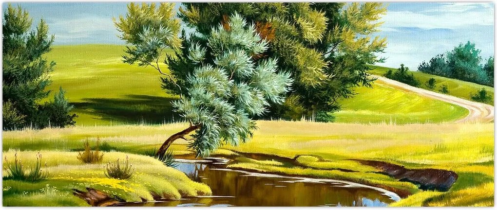Tablou - Râu între câmpii, pictură în ulei (120x50 cm)