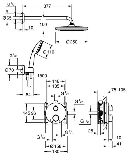 Sistem de dus incastrat Grohe Precision cu palarie rotunda Vitalio Start 250 negru mat