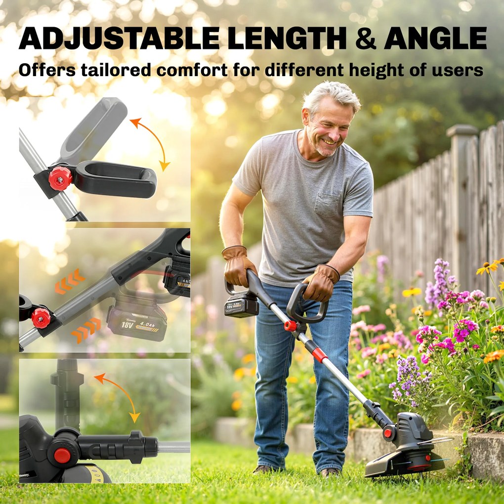 Outsunny Trimmer cu acumulator 2-în-1, lățime de tăiere 30 cm, mâner reglabil, cap motor înclinat pentru grădină și curte, Argintiu | Aosom Romania