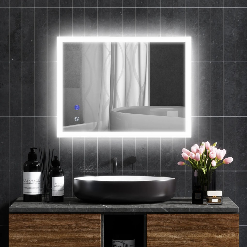 Kleankin Oglindă de Baie cu Iluminare LED 800x600mm, Tactilă, Anti-Ceță, Montare Orizontală/Verticală | Aosom Romania