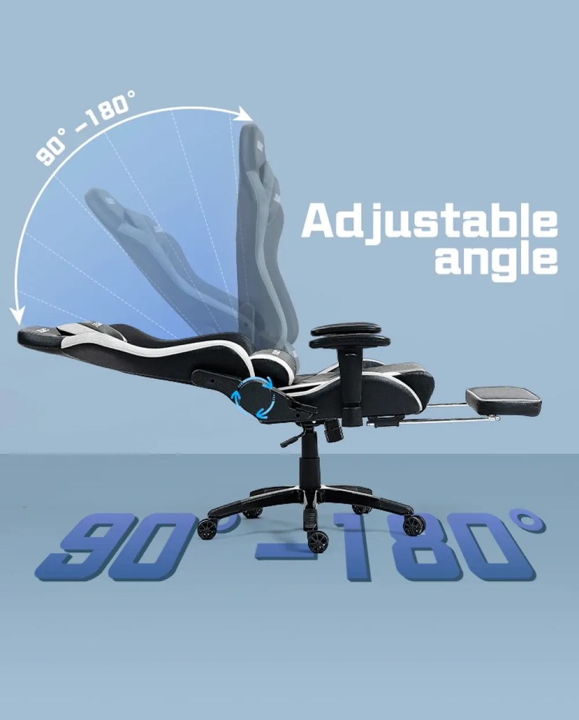 DOWINX Scaun gaming, ergonomic, suport lombar cu masaj, spătar rabatabil 90-180°, cotiere reglabile, suport pentru picioare, rezistent 150 kg, piele PU, Negru/Alb