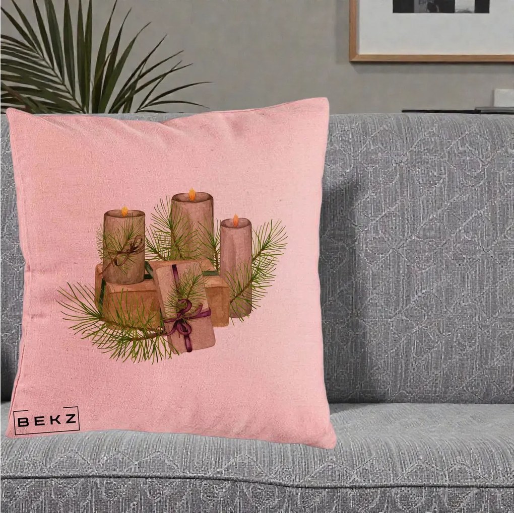 Perna Decorativa Lumanari cu Cadouri Naturale, 40x40 cm, Roz, Husa Detasabila, Perna Inclusa, BEKZ®