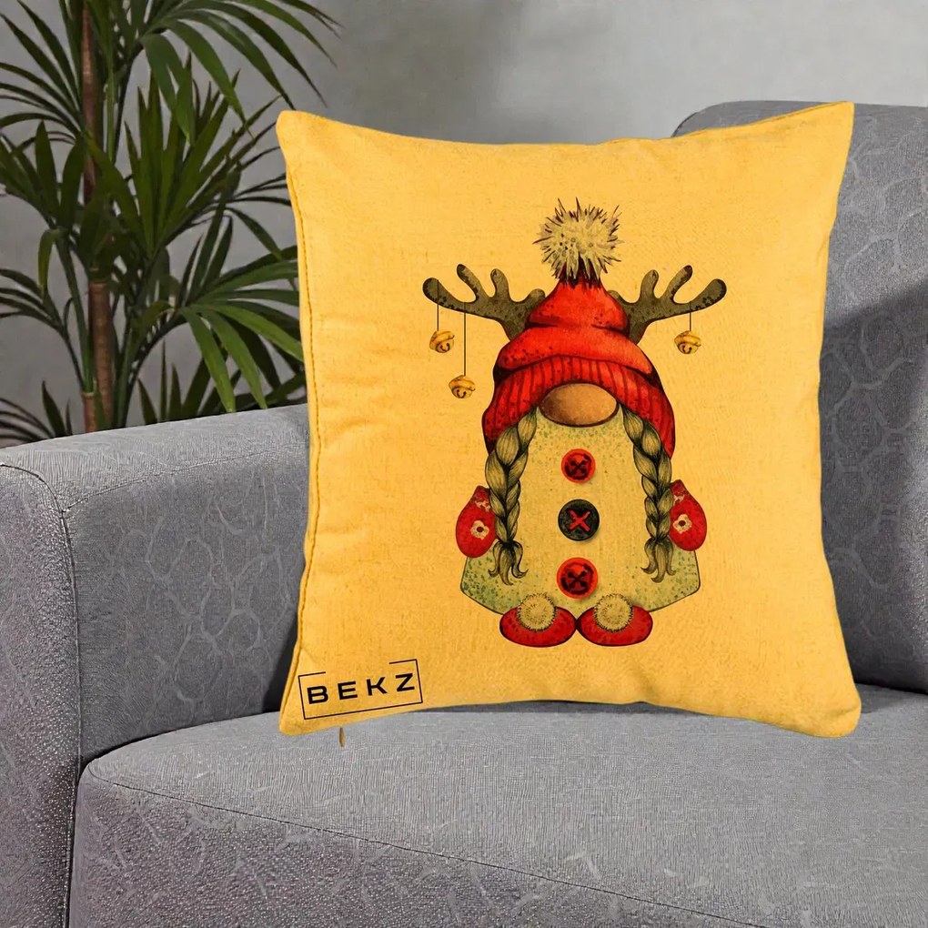 Perna Decorativa Pitic Gnom Craciun cu Coarne de Ren, 40x40 cm, Galben, Husa Detasabila, Perna Inclusa, BEKZ®