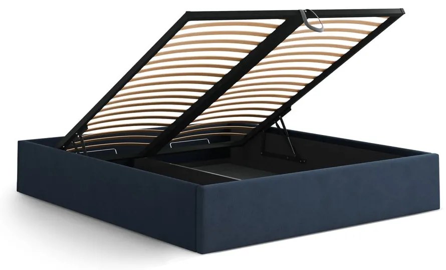 Pat matrimonial albastru închis tapițat cu spațiu de depozitare/fără tăblie cu somieră 180x200 cm Susan – Micadoni