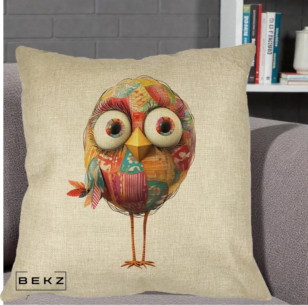 Perna Decorativa Pasare Patchwork cu Gene Lungi, 40x40 cm, Crem, Husa Detasabila, Perna Inclusa, BEKZ®