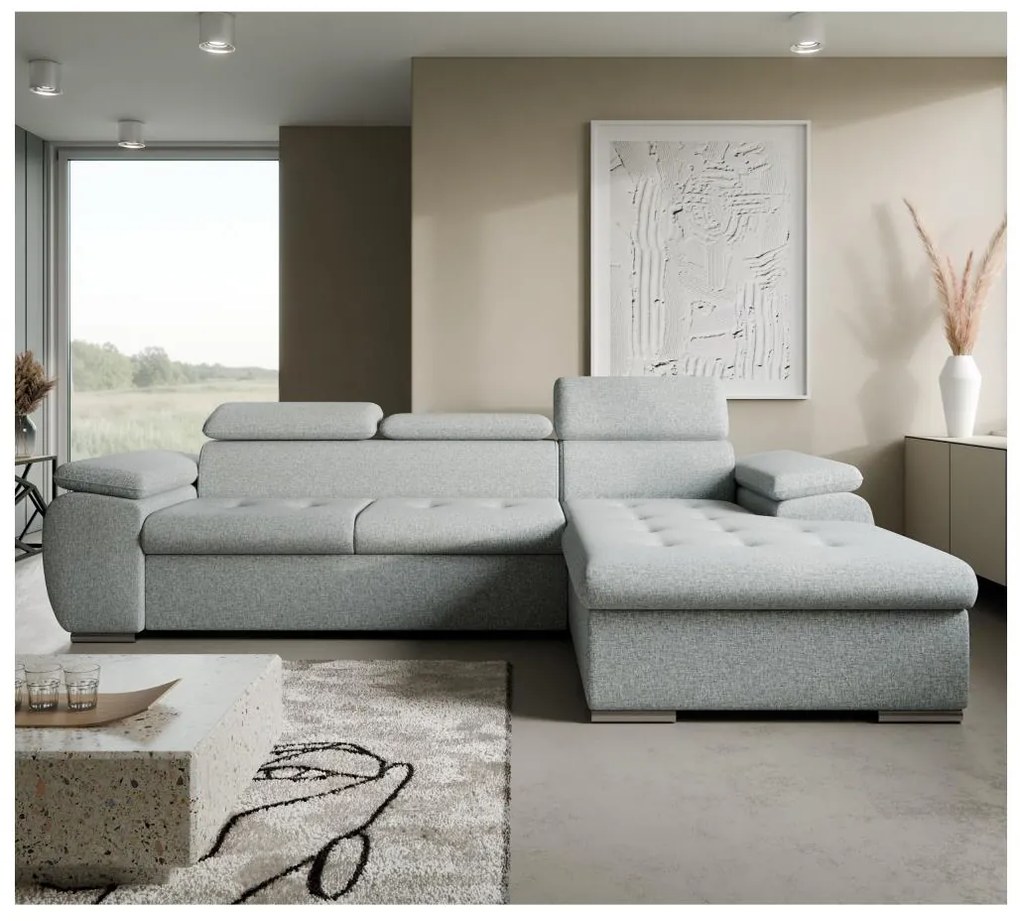 Colțar extensibil în L PADUA, cu spațiu de depozitare, gri, pe partea dreaptă