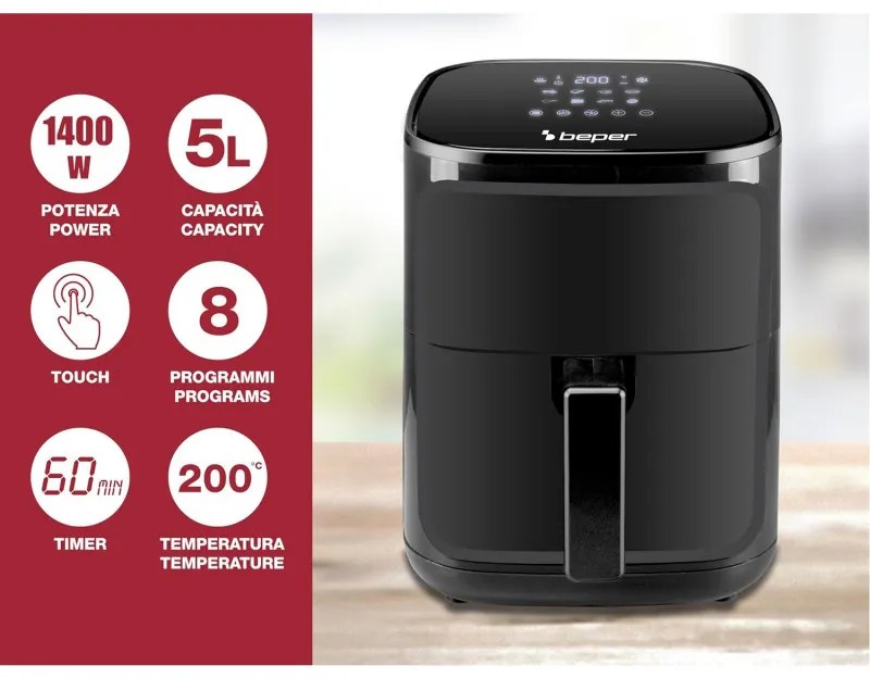 Resigilat: Friteuza cu aer cald Air Fryer Beper P101FRI051, 1400 W, 5 L, 8 programe, 80-200°C, Timer, Negru