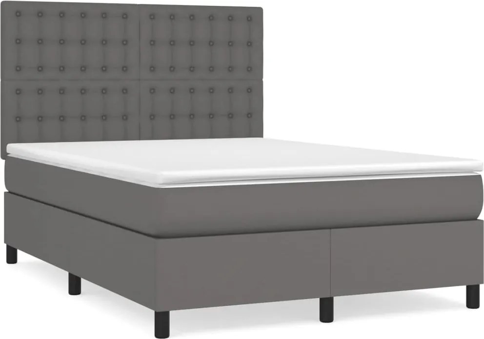 vidaXL Pat box spring cu saltea, gri, 140x200 cm, piele ecologică