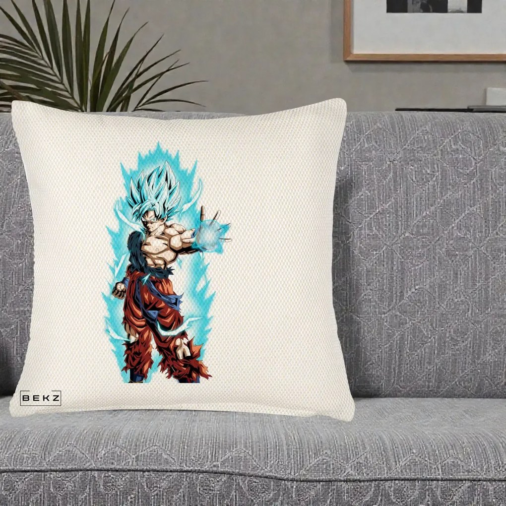Perna Personalizata Dragon Ball Goku Ultra Instinct Blue, 40x40 cm, Crem Reliefat, Husa Detasabila, Perna Inclusa, BEKZ®