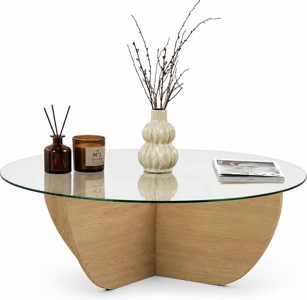 Masuta cafea LIYA, stejar/transparent, sticla/PAL, 90x90x30 cm