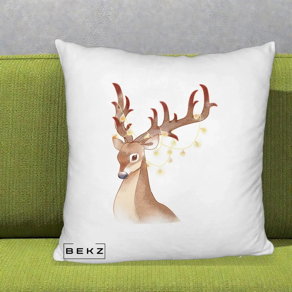 Perna Decorativa Ren cu Luminite de Craciun, 40x40 cm, Alb Pufos, Husa Detasabila, Perna Inclusa, BEKZ®