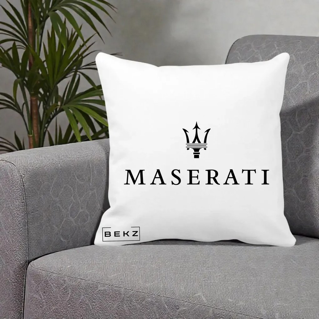 Perna Personalizata cu emblema Maserati, 40x40 cm, Alba Mata, Husa Detasabila, Perna Inclusa, BEKZ®