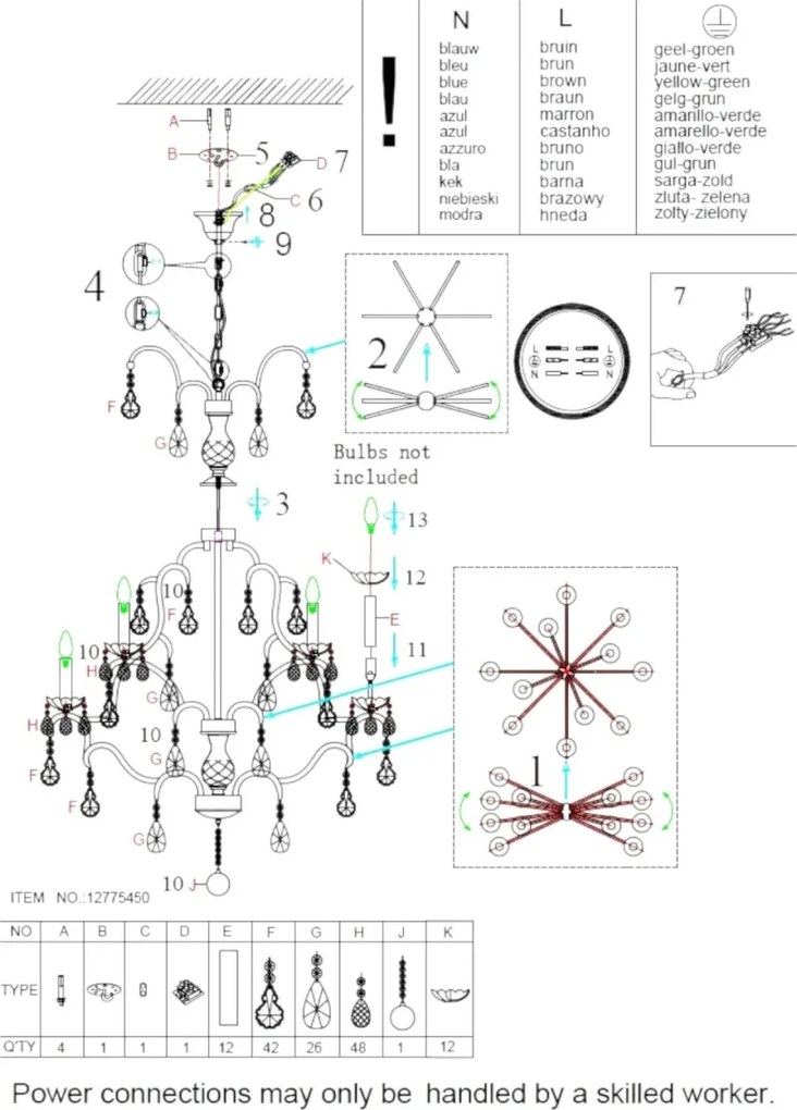 Candelabru din metal, auriu, cu 12 brațe tip lumânare și cristale din sticlă transparentă, 135 x 95 cm, „Cambridge”