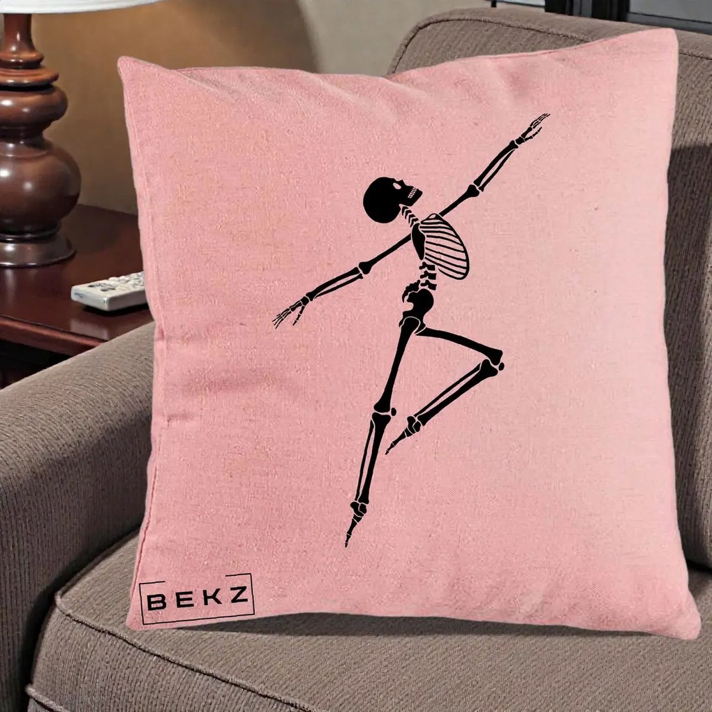 Perna Decorativa Schelet Dansator Silueta Neagra Halloween, 40x40 cm, Roz, Husa Detasabila, Perna Inclusa, BEKZ®