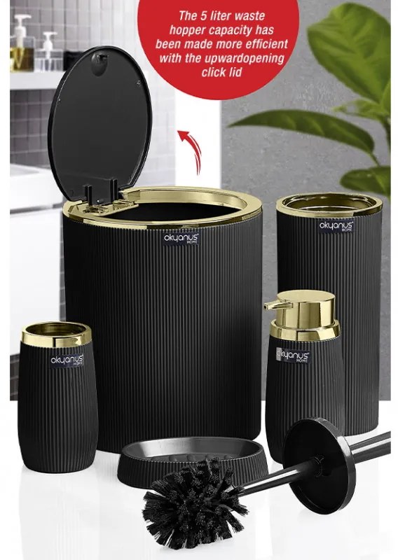 Resigilat: Set accesorii pentru baie Freehome OKY-478-4-S, 5 piese, Negru/Auriu