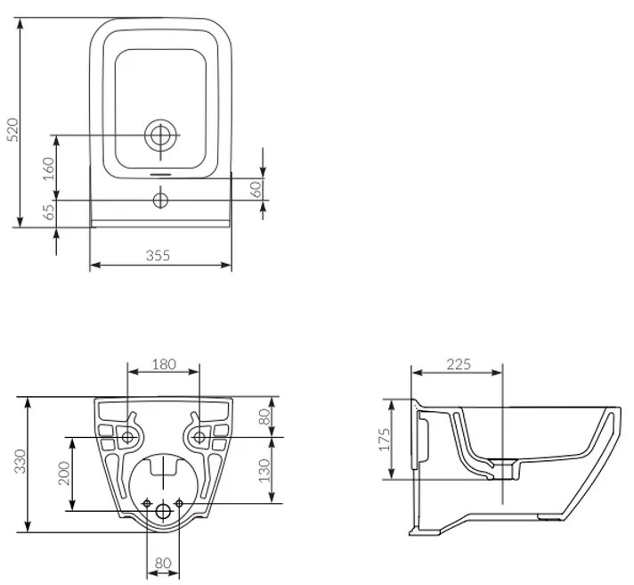 Bideu suspendat Cersanit, Crea, rectangular, fixare ascunsa, alb