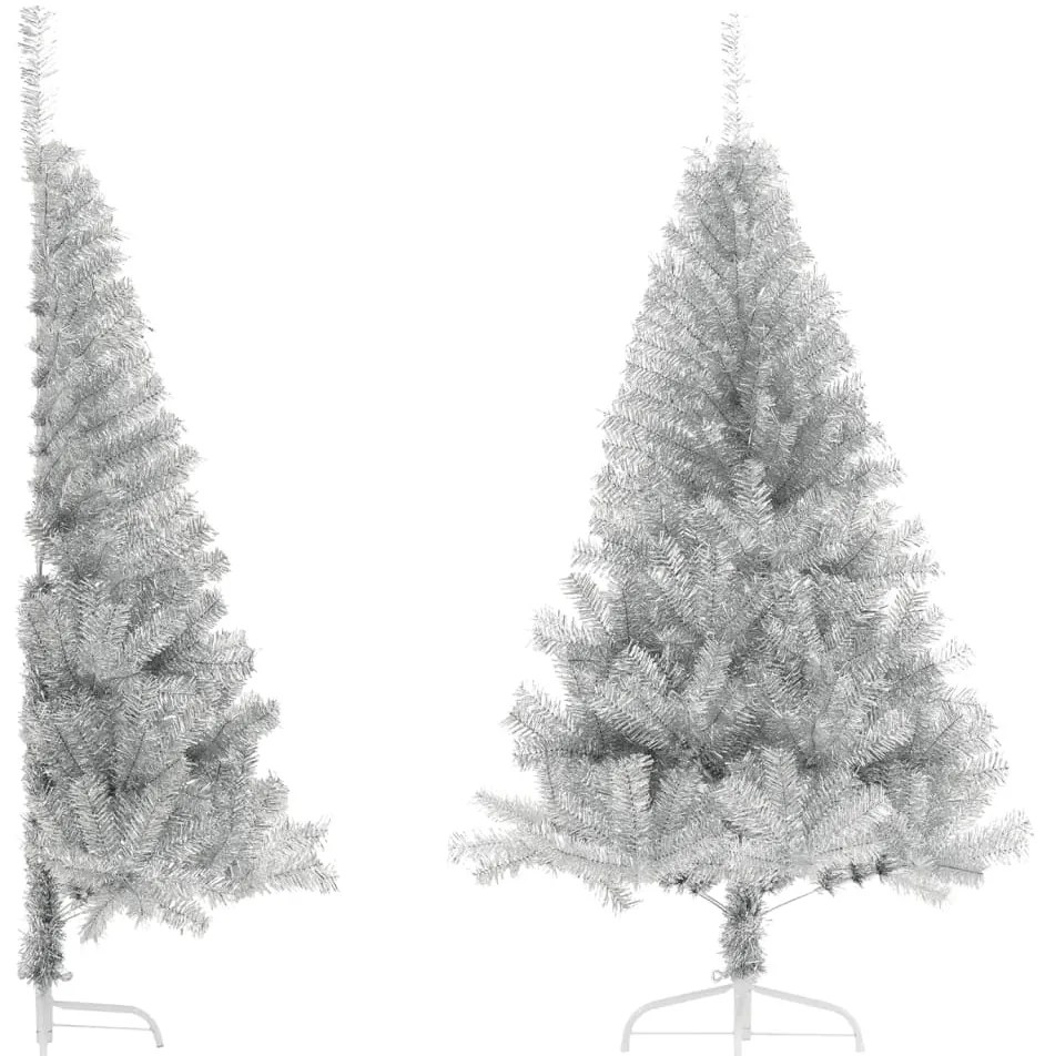 vidaXL Jumătate brad de Crăciun cu suport, argintiu, 120 cm, PET