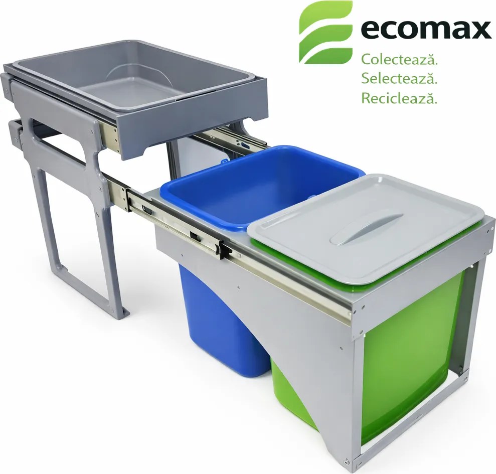 Cos gunoi incorporabil Tank Front 40 Ecomax, cu extragere automata, colectare selectiva, 2 x 16 l Polipropilena, Gri Verde Albastru, H:428 mm; L:339