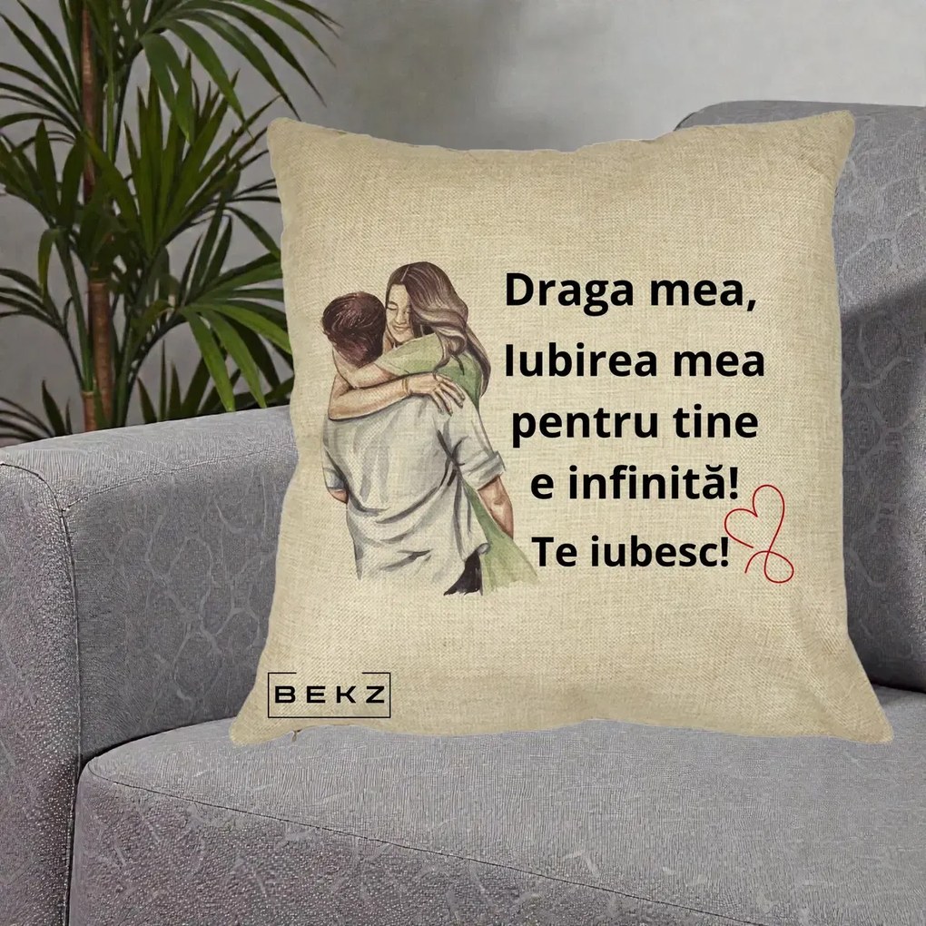 Cadou pentru Iubita - Perna Personalizata Draga Mea Iubirea Mea Infinita Te Iubesc cu Cuplu Acuarela, 40x40 cm, Crem, Husa Detasabila, Perna Inclusa, BEKZ®