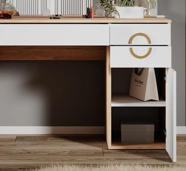 Masuta machiaj cu Oglinda LED si 3 Sertare pentru Cosmetice, Set Masa toaleta 115 cm, Alb, masuta cosmetica, vanity - SEA441