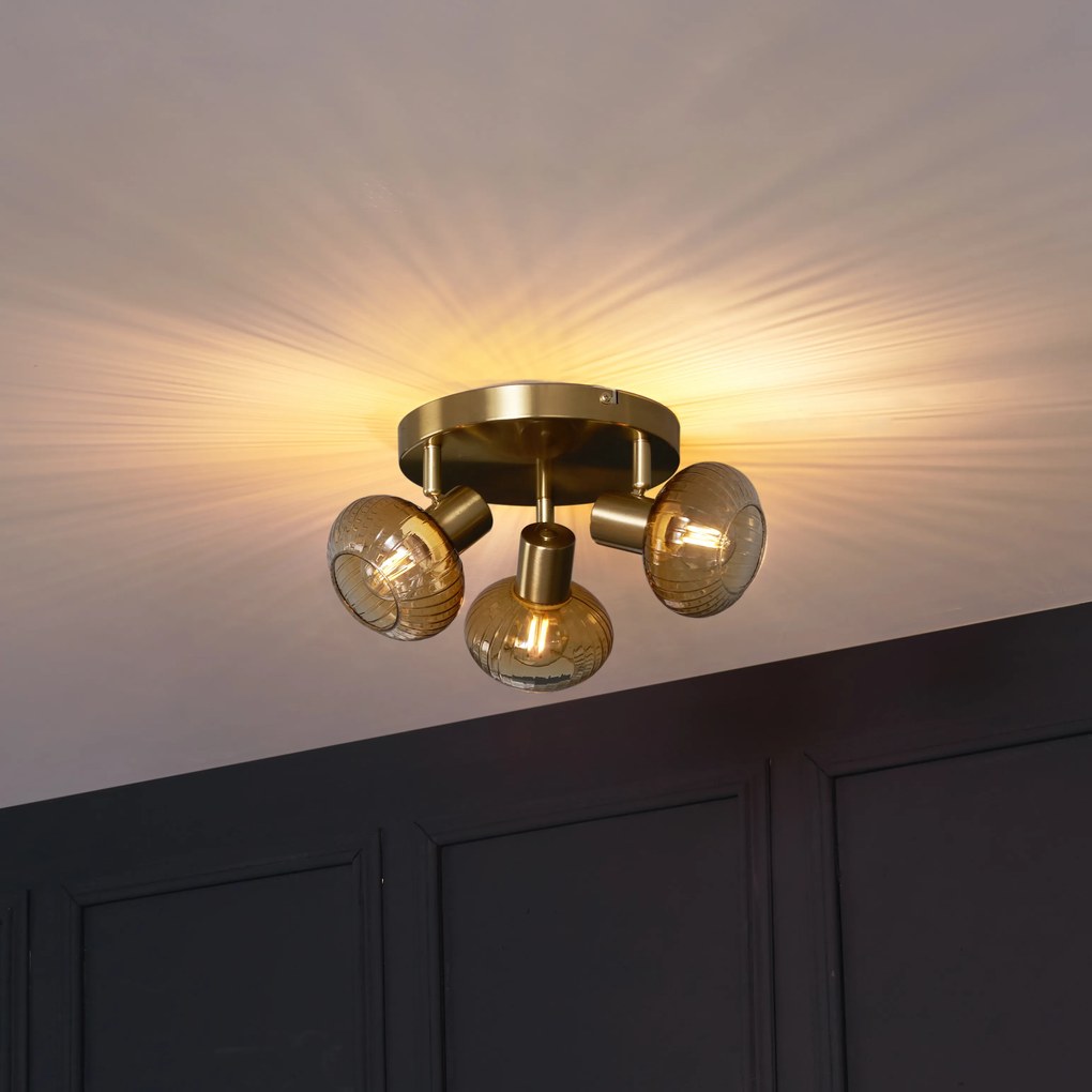 Spotlight modern auriu cu sticlă chihlimbar rotundă cu 3 lumini - Teddy