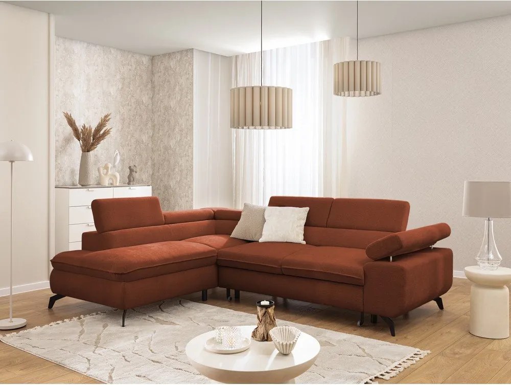 Colțar teracotă cu tapițerie din chenille (cu colț pe partea stângă/în formă de ”L”) Marbeya – Ropez