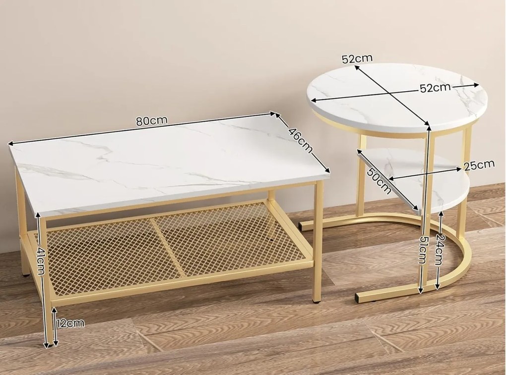 MCAU19 - Set 2 masute de cafea 80 cm si 52 cm, mese pentru living - Alb - Negru / Auriu