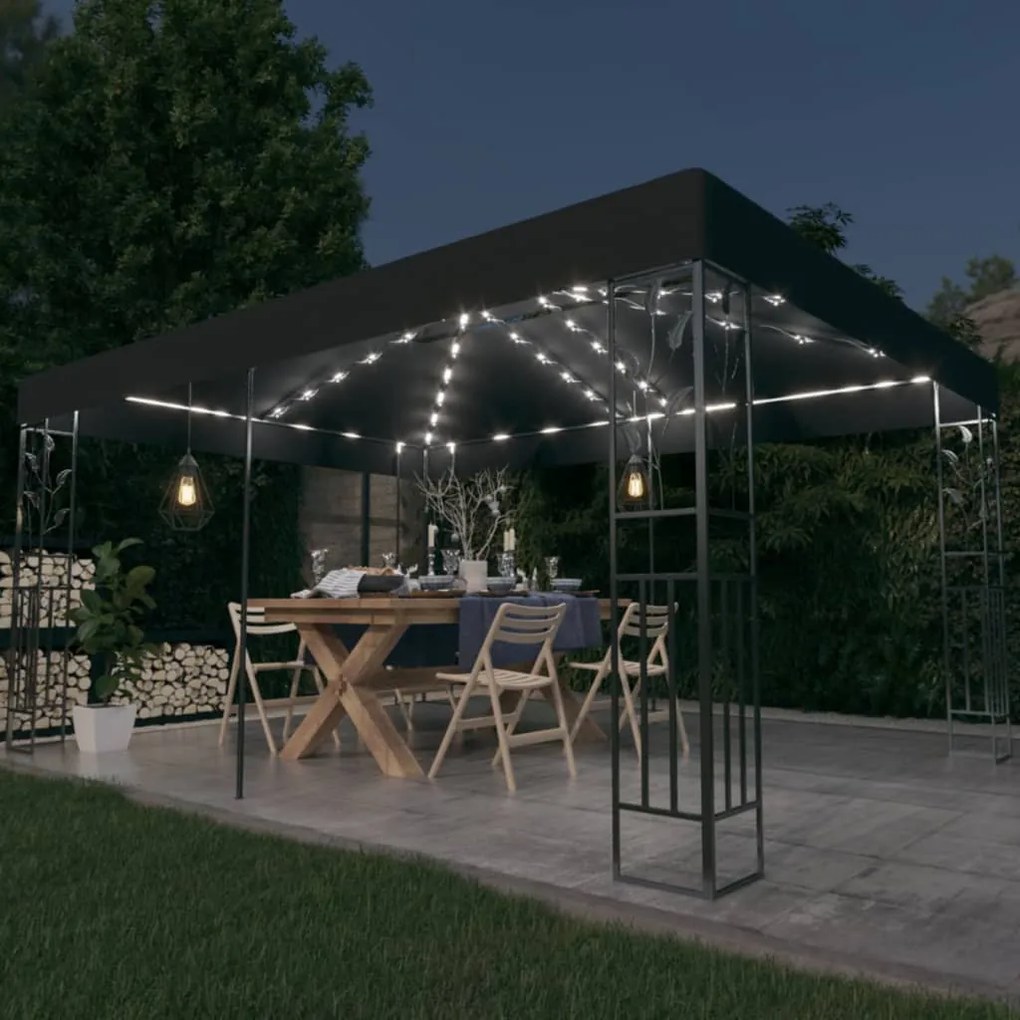 vidaXL Pavilion cu acoperiș dublu&amp;șiruri de lumini LED,antracit, 3x4 m