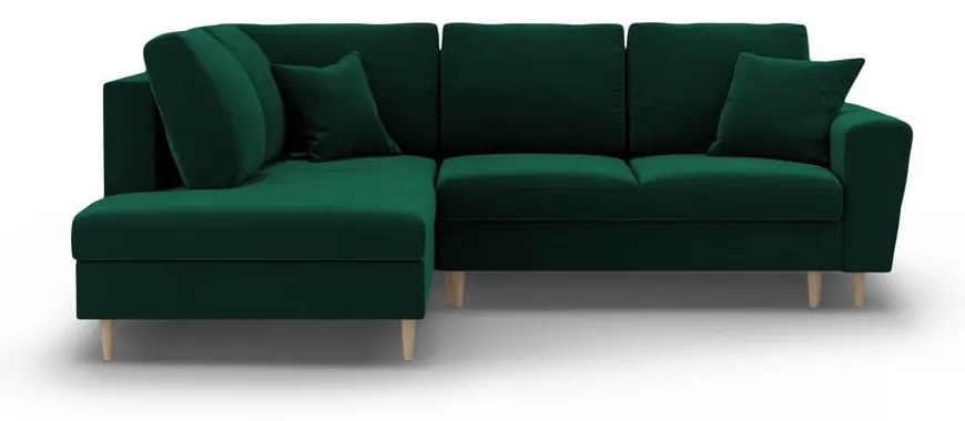 Colțar verde extensibil, cu spațiu de depozitare cu tapițerie din catifea (cu colț pe partea stângă-în formă de ”L”) Kyoto – Cosmopolitan Design