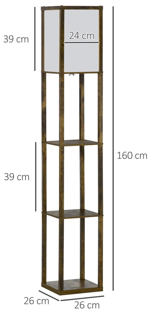 HOMCOM Lampă de Podea cu 3 Rafturi Integrate, Design Modern din MDF, 26x26x160 cm, Lemn Natural | Aosom Romania