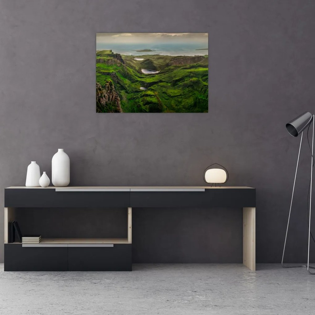 Tablou pe sticlă - Quiraing, Scoția (70x50 cm)