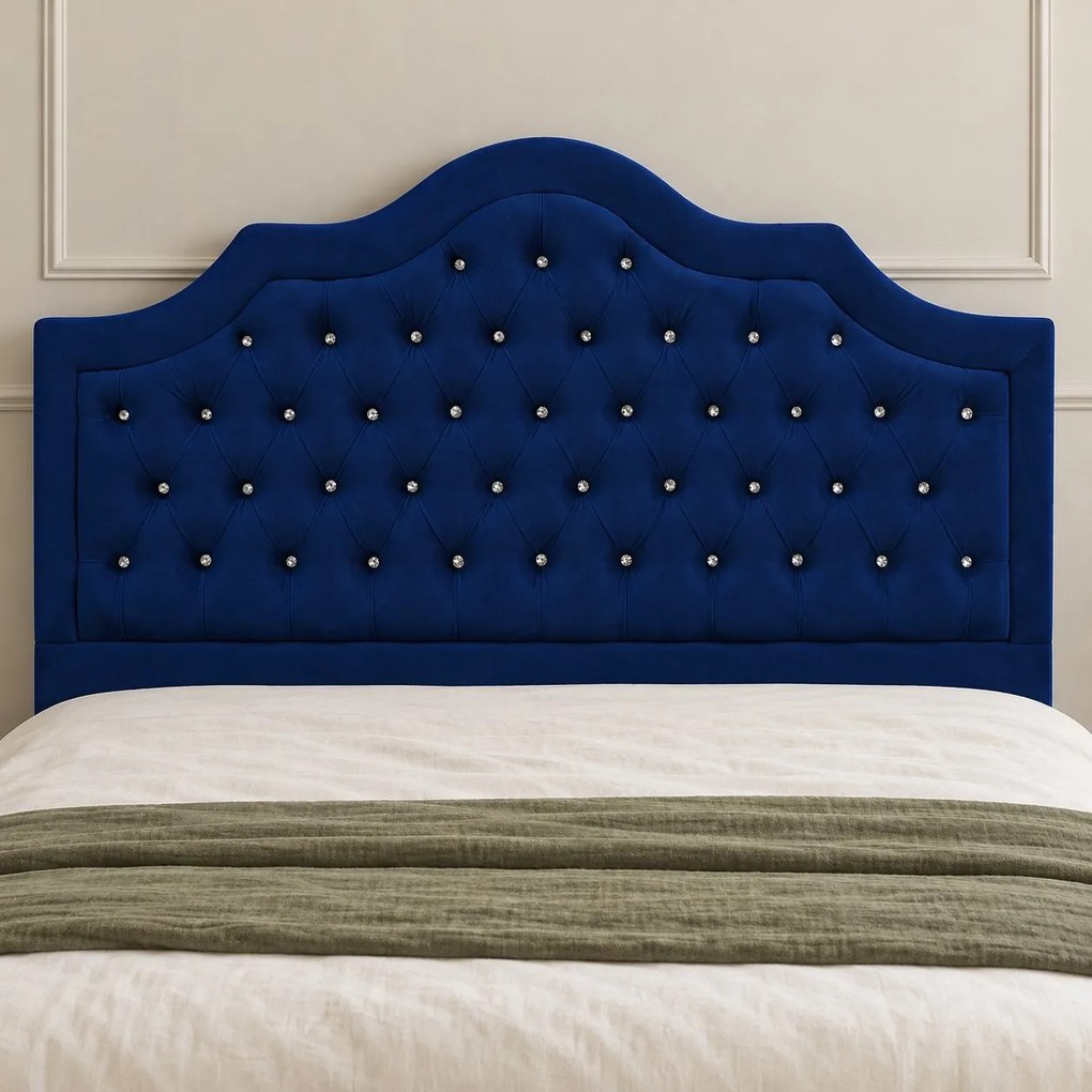 Pat tapițat Chesterfield din catifea Imperio Deluxe 160×200 cm, bleumarin, cu ladă de depozitare