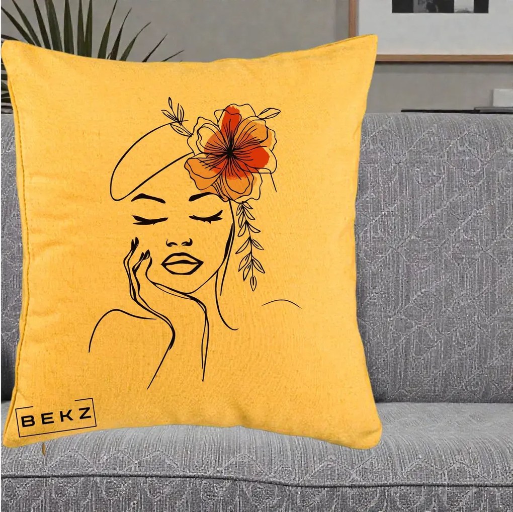 Perna Decorativa Portret Feminin Flori Palarie, 40x40 cm, Galben, Husa Detasabila, Perna Inclusa, BEKZ®
