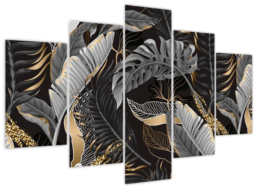 Tablou - Frunze tropicale, Galben - auriu (150x105 cm)