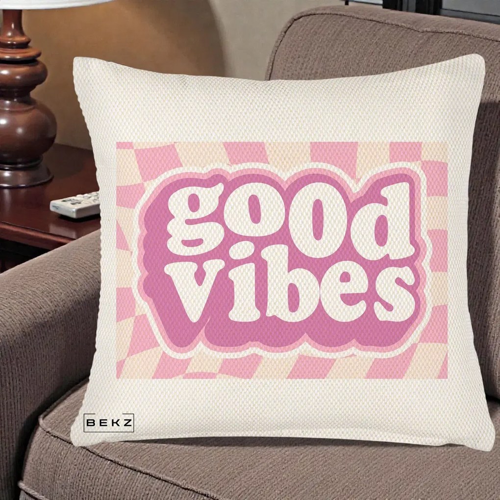 Perna Decorativa Good Vibes Retro Roz, 40x40 cm, Crem Reliefat, Husa Detasabila, Perna Inclusa, BEKZ®