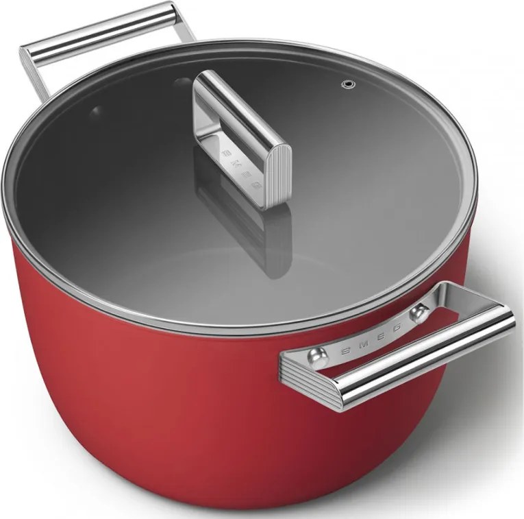 Oala cu capac SMEG CKFC2611RDM, 7,7 l, Ø26 cm, Acoperire cu teflon, Pana la 250°C, Inductie, Rosu