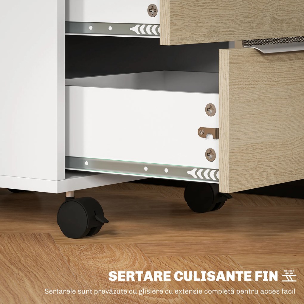 HOMCOM Dulap de Birou cu 3 Sertare, 4 Roți, Comodă de Birou cu Sistem de Blocare și 2 Chei pentru Documente Format A4, Dulap Vertical pentru Studiu, 40x40x63.5 cm, Alb și Stejar | Aosom Romania