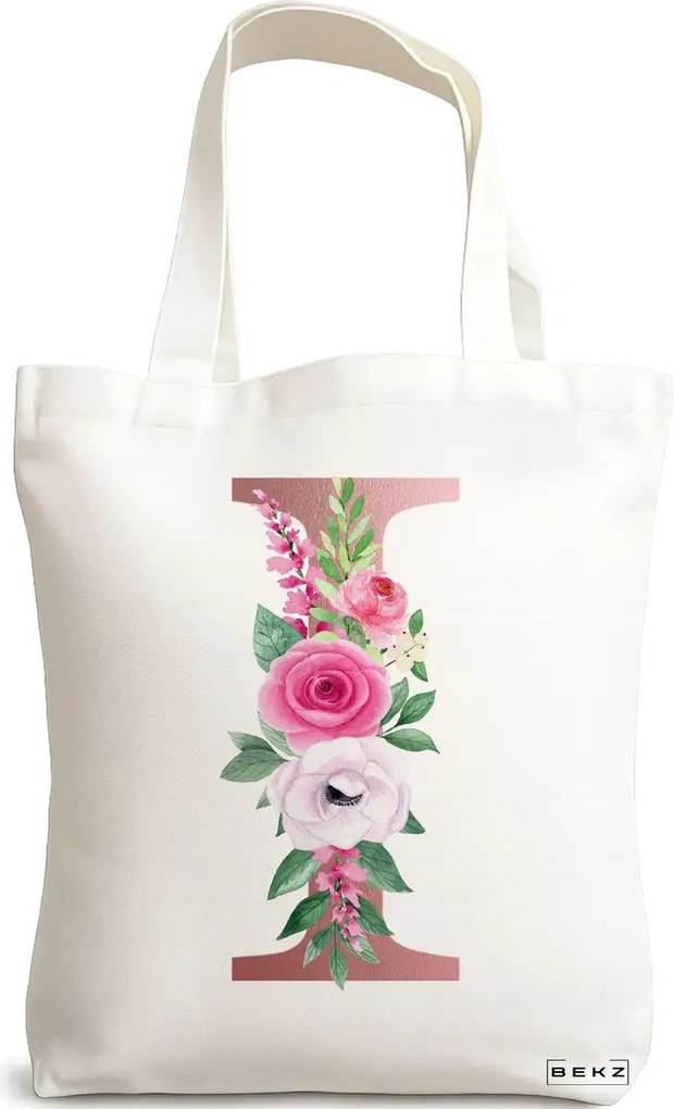 Sacosa de Panza pentru Cumparaturi, Geanta Tote, Cu litera I Rose Gold si Trandafiri, 38x34.5 cm, Alba, BEKZ®